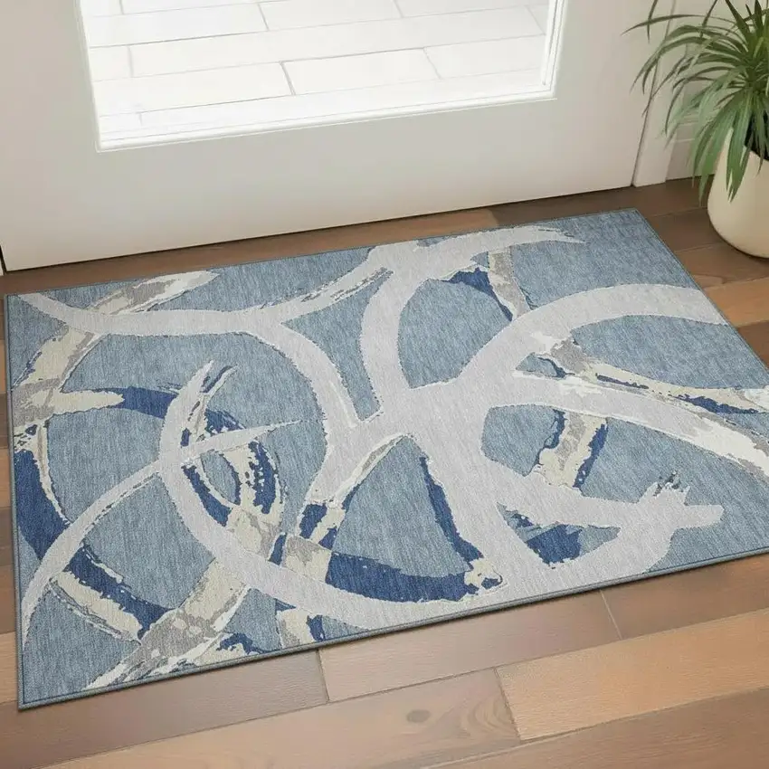 Denim Blue Gray And Ivory Abstract Washable Area Rug With UV Protection Photo 2