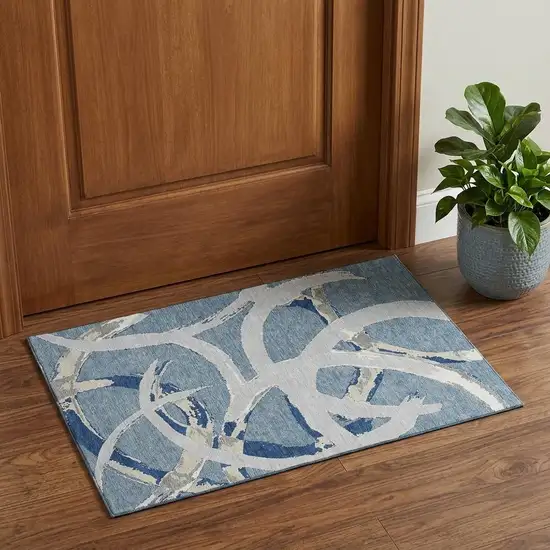 Denim Blue Gray And Ivory Abstract Washable Area Rug With UV Protection Photo 1
