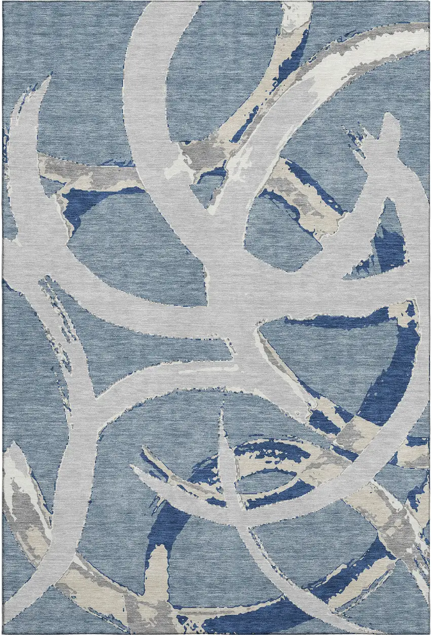 Denim Blue Gray And Ivory Abstract Washable Area Rug With UV Protection Photo 1