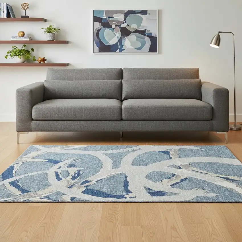 Denim Blue Gray And Ivory Abstract Washable Area Rug With UV Protection Photo 2