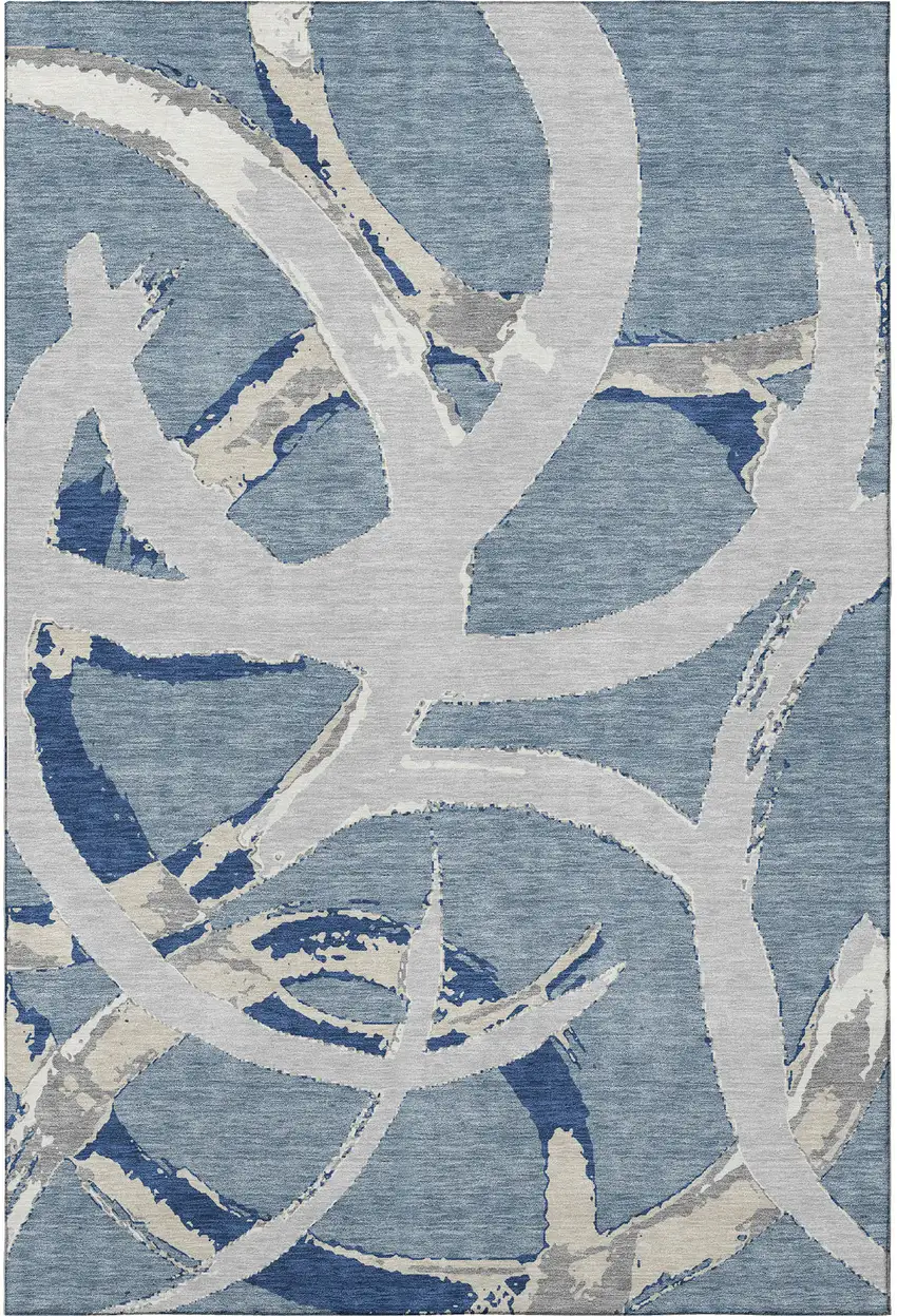 Denim Blue Gray And Ivory Abstract Washable Area Rug With UV Protection Photo 3
