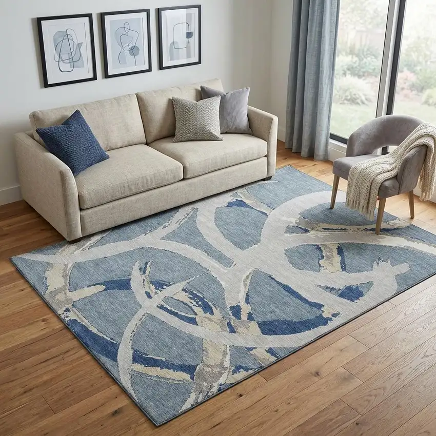 Denim Blue Gray And Ivory Abstract Washable Area Rug With UV Protection Photo 1