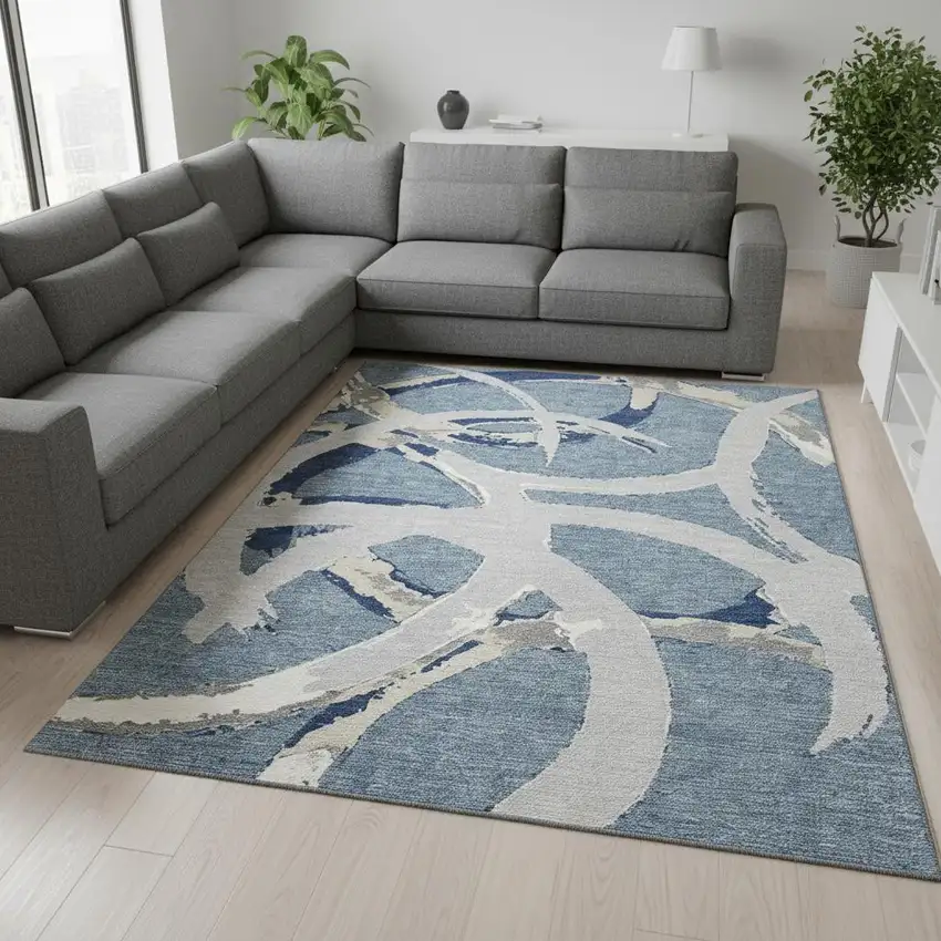 Denim Blue Gray And Ivory Abstract Washable Area Rug With UV Protection Photo 2