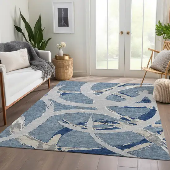 Denim Blue Gray And Ivory Abstract Washable Area Rug With UV Protection Photo 5