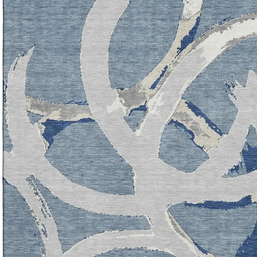 Denim Blue Gray And Ivory Abstract Washable Area Rug With UV Protection Photo 3