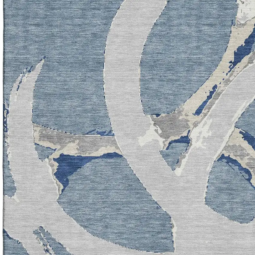 Denim Blue Gray And Ivory Abstract Washable Area Rug With UV Protection Photo 2