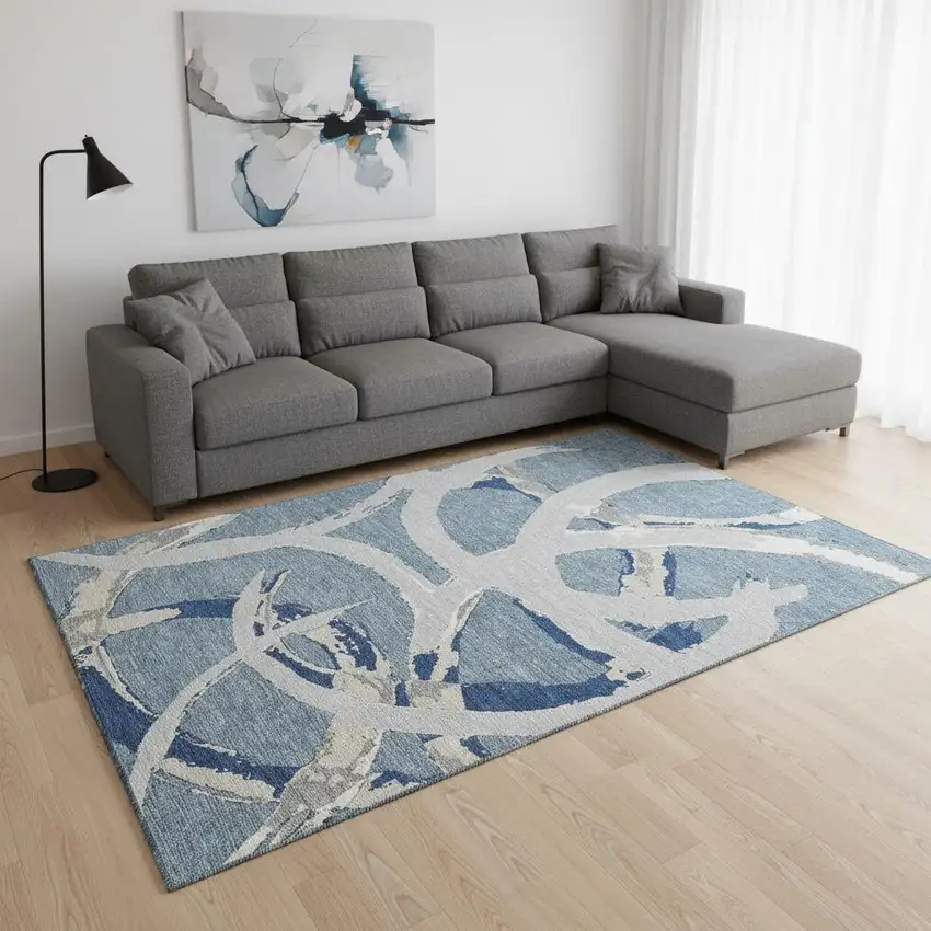 Denim Blue Gray And Ivory Abstract Washable Area Rug With UV Protection Photo 2