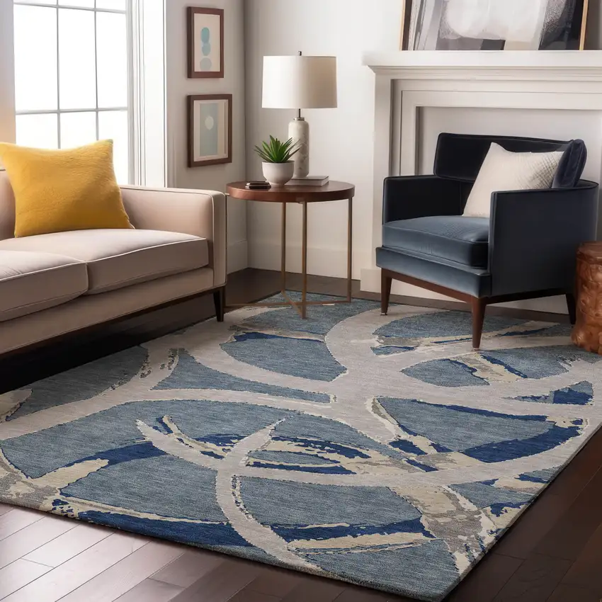 Denim Blue Gray And Ivory Abstract Washable Area Rug With UV Protection Photo 4