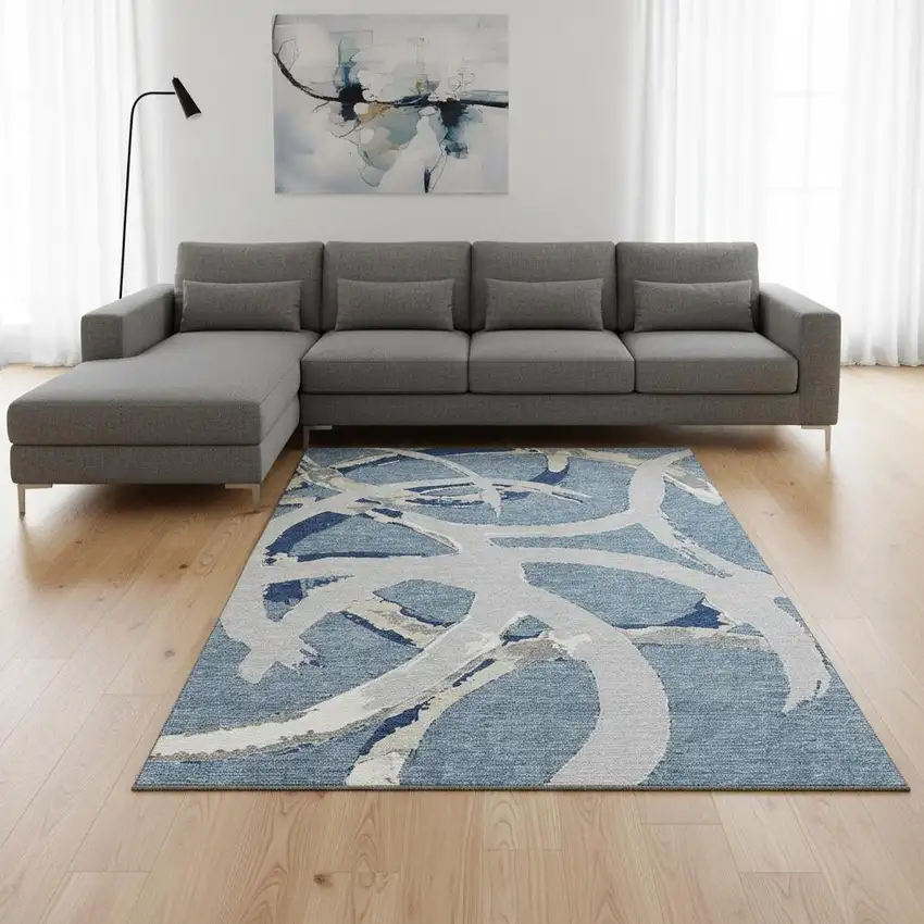 Denim Blue Gray And Ivory Abstract Washable Area Rug With UV Protection Photo 2