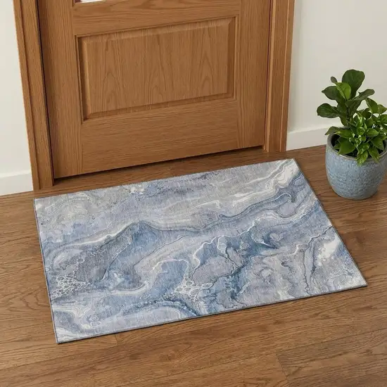 Denim Blue Gray And Ivory Abstract Washable Area Rug With UV Protection Photo 1