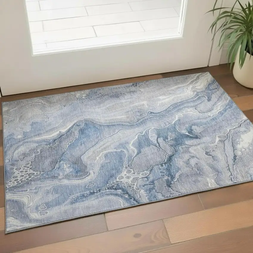 Denim Blue Gray And Ivory Abstract Washable Area Rug With UV Protection Photo 1