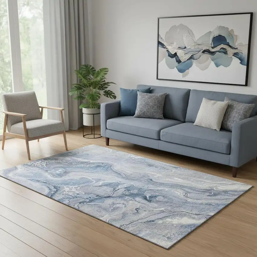 Denim Blue Gray And Ivory Abstract Washable Area Rug With UV Protection Photo 2