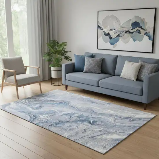 Denim Blue Gray And Ivory Abstract Washable Area Rug With UV Protection Photo 2