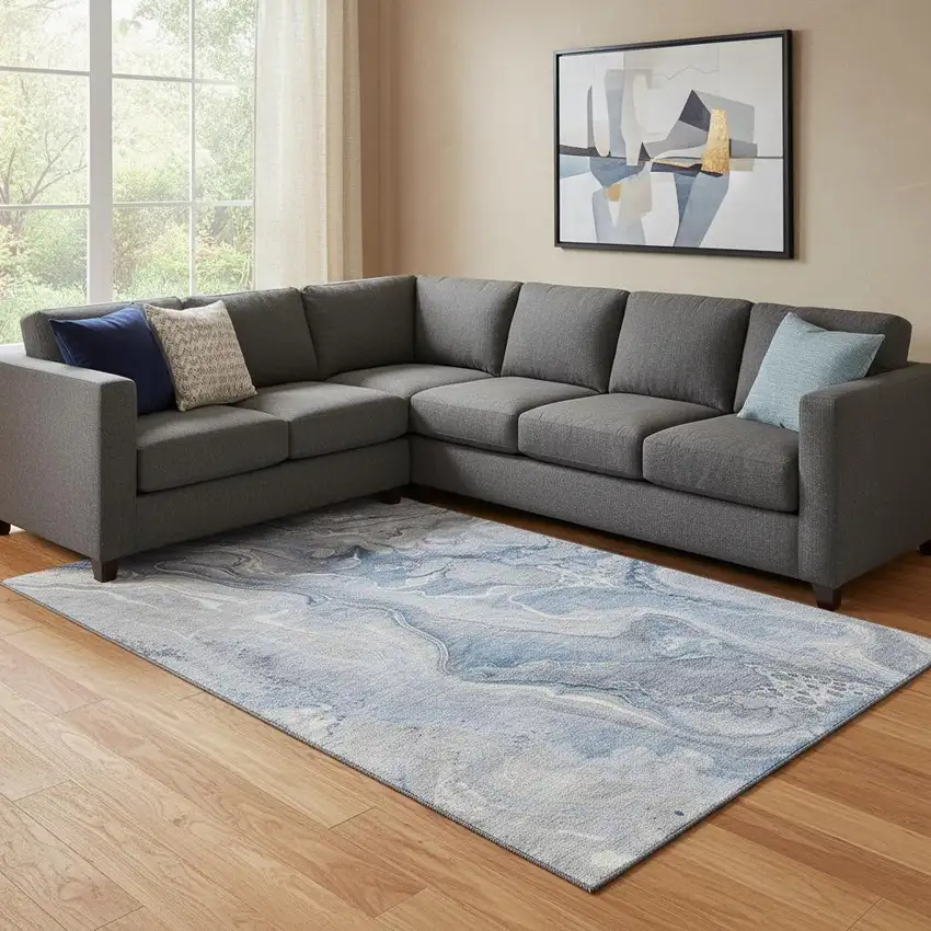Denim Blue Gray And Ivory Abstract Washable Area Rug With UV Protection Photo 2