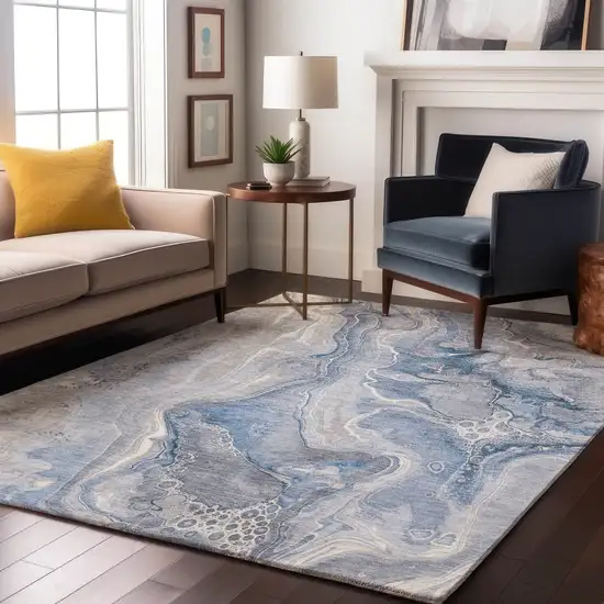 Denim Blue Gray And Ivory Abstract Washable Area Rug With UV Protection Photo 6