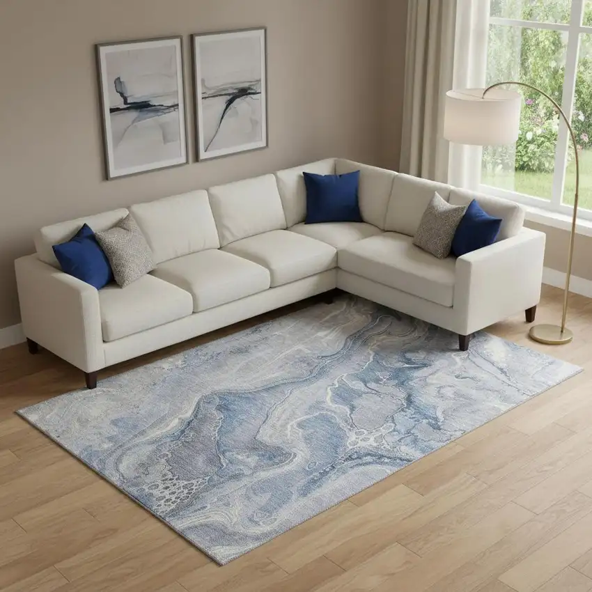 Denim Blue Gray And Ivory Abstract Washable Area Rug With UV Protection Photo 2