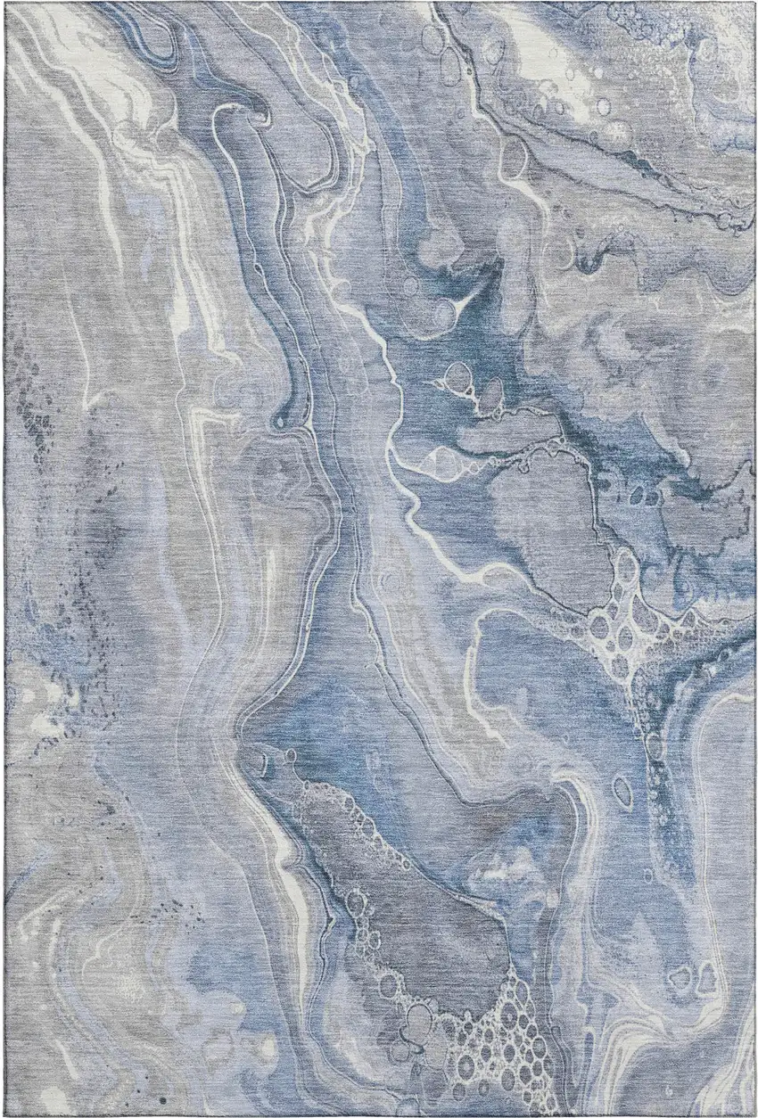 Denim Blue Gray And Ivory Abstract Washable Area Rug With UV Protection Photo 1