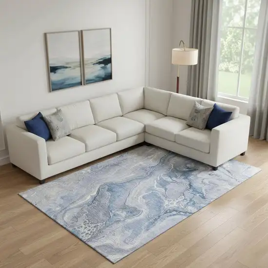 Denim Blue Gray And Ivory Abstract Washable Area Rug With UV Protection Photo 2