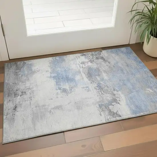 Denim Blue Gray And Ivory Abstract Washable Area Rug With UV Protection Photo 2