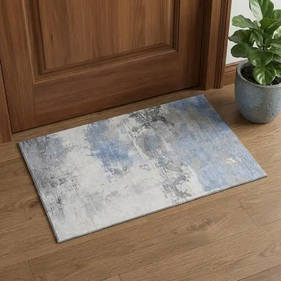 Denim Blue Gray And Ivory Abstract Washable Area Rug With UV Protection Photo 1
