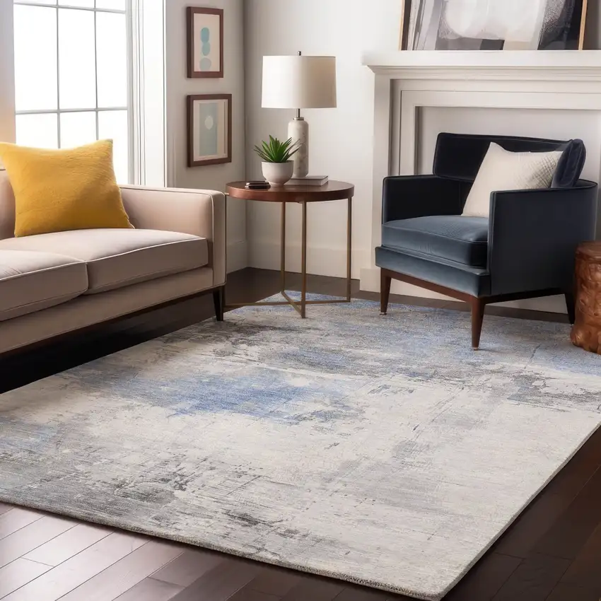 Denim Blue Gray And Ivory Abstract Washable Area Rug With UV Protection Photo 5