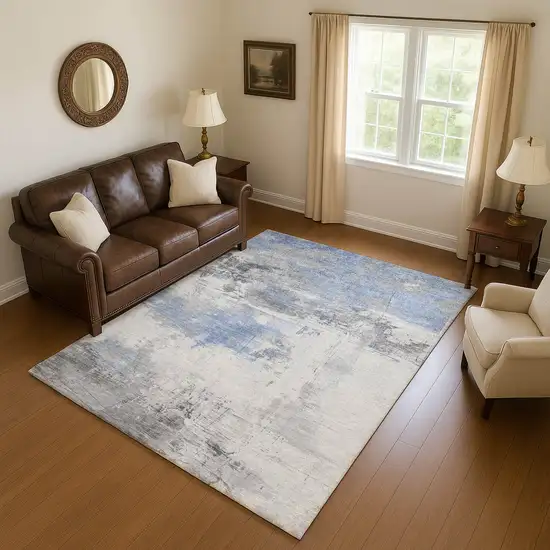 Denim Blue Gray And Ivory Abstract Washable Area Rug With UV Protection Photo 4