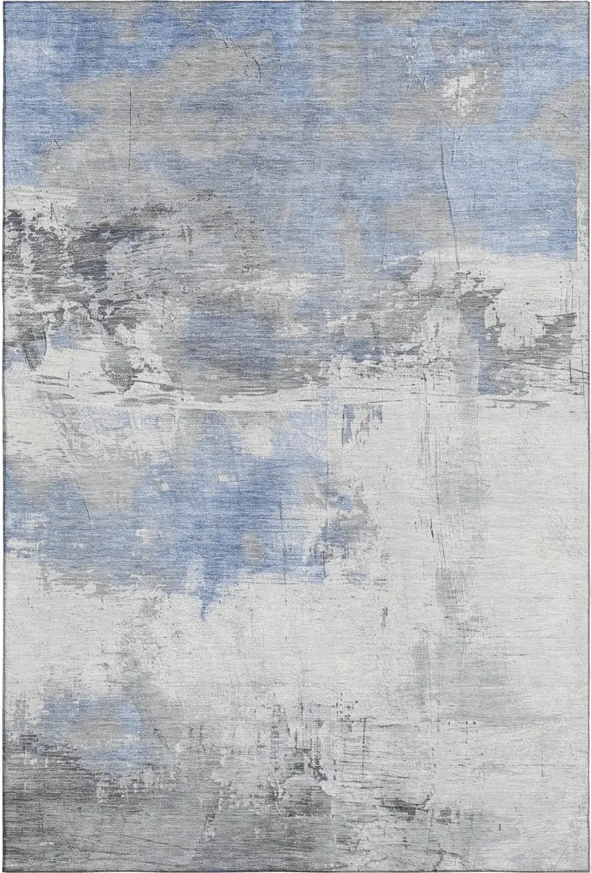Denim Blue Gray And Ivory Abstract Washable Area Rug With UV Protection Photo 1