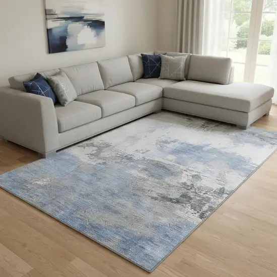 Denim Blue Gray And Ivory Abstract Washable Area Rug With UV Protection Photo 2