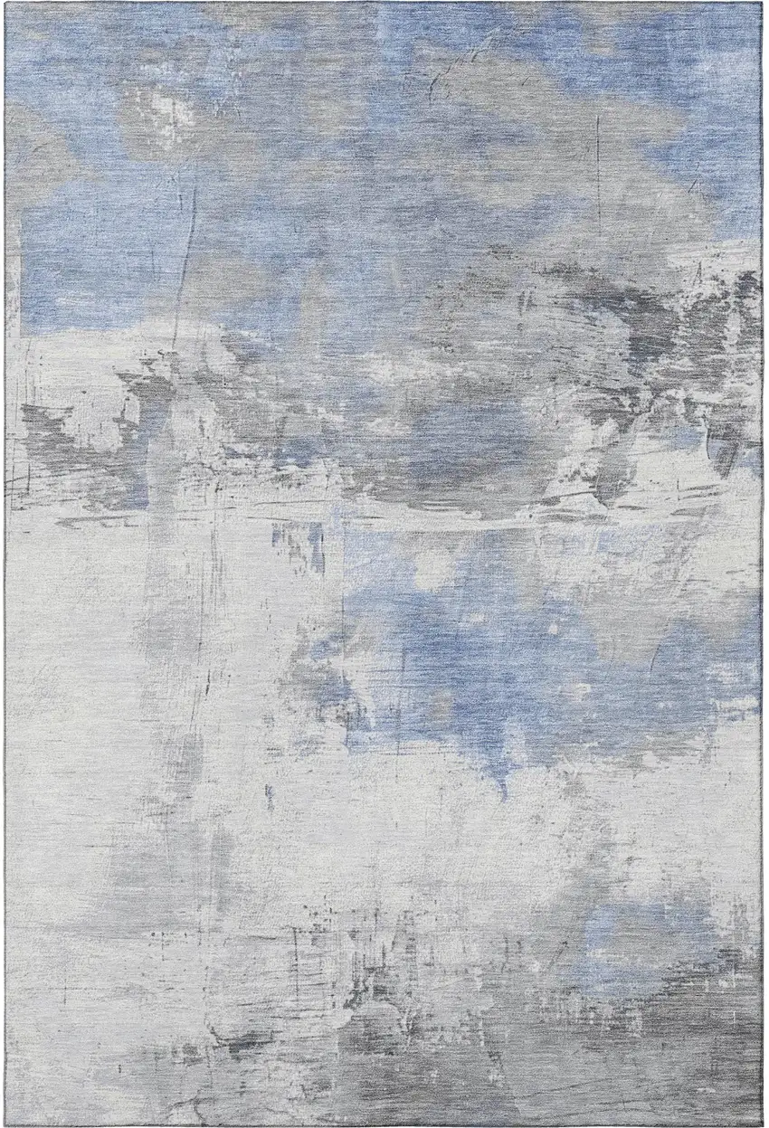Denim Blue Gray And Ivory Abstract Washable Area Rug With UV Protection Photo 3