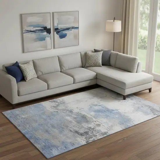 Denim Blue Gray And Ivory Abstract Washable Area Rug With UV Protection Photo 2