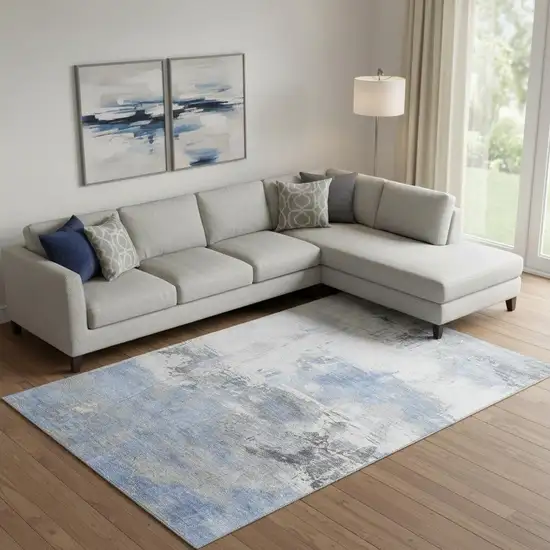 Denim Blue Gray And Ivory Abstract Washable Area Rug With UV Protection Photo 2