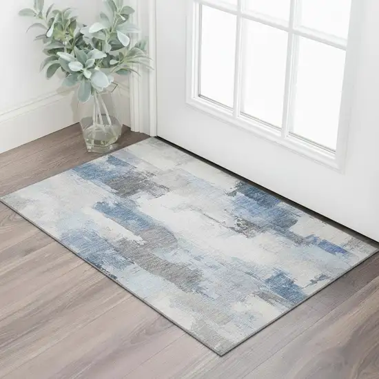 Denim Blue Gray And Ivory Abstract Washable Area Rug With UV Protection Photo 2