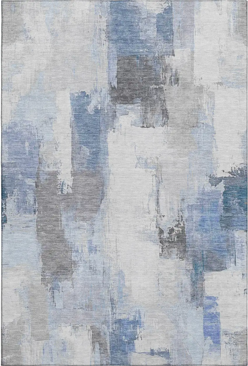Denim Blue Gray And Ivory Abstract Washable Area Rug With UV Protection Photo 1