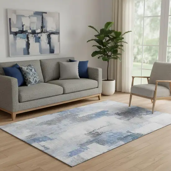 Denim Blue Gray And Ivory Abstract Washable Area Rug With UV Protection Photo 2