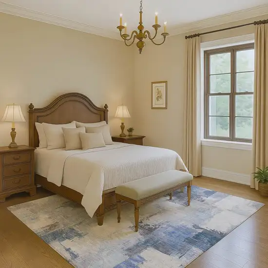 Denim Blue Gray And Ivory Abstract Washable Area Rug With UV Protection Photo 6