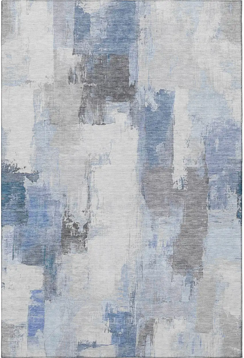 Denim Blue Gray And Ivory Abstract Washable Area Rug With UV Protection Photo 4