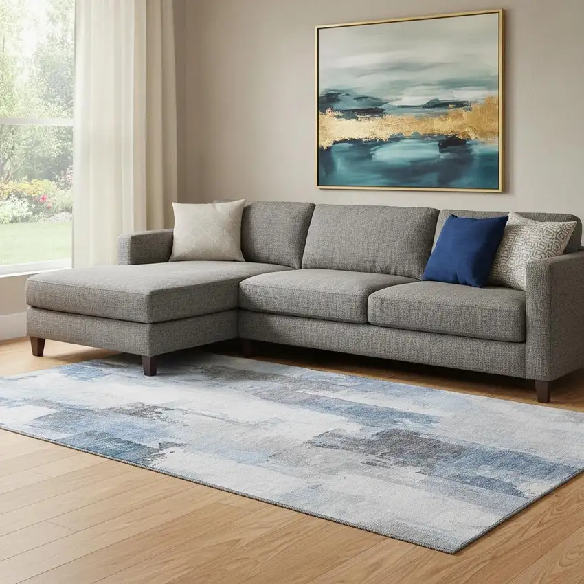 Denim Blue Gray And Ivory Abstract Washable Area Rug With UV Protection Photo 2