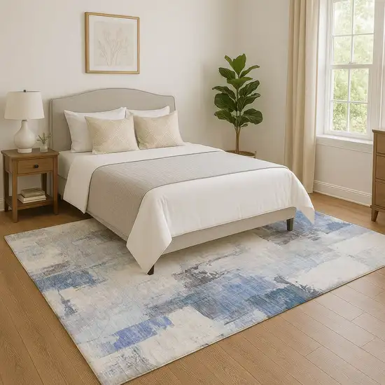 Denim Blue Gray And Ivory Abstract Washable Area Rug With UV Protection Photo 5