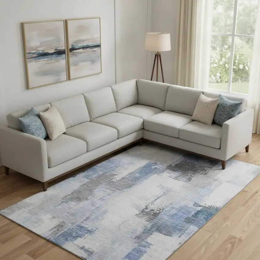 Denim Blue Gray And Ivory Abstract Washable Area Rug With UV Protection Photo 2
