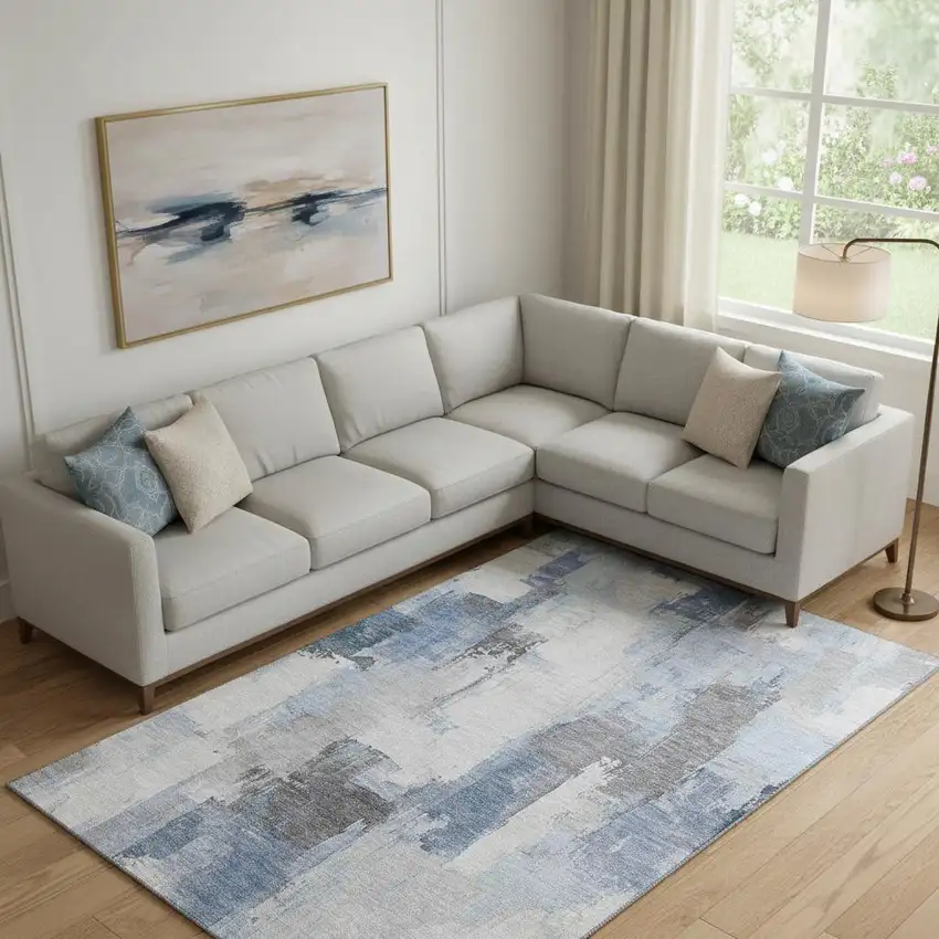 Denim Blue Gray And Ivory Abstract Washable Area Rug With UV Protection Photo 2