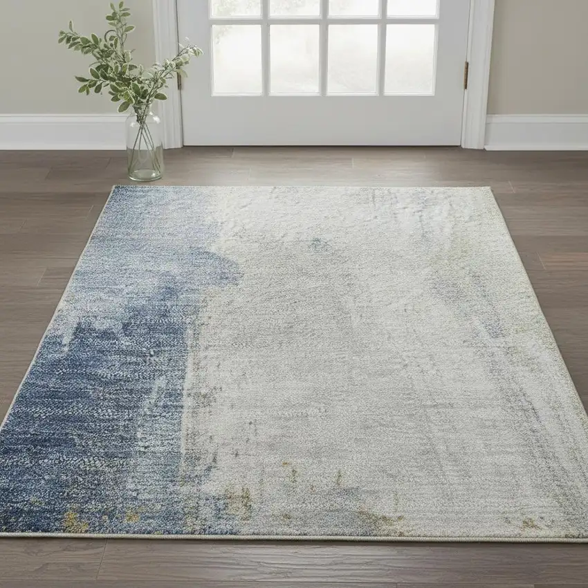 Denim Blue Gray And Ivory Abstract Washable Area Rug With UV Protection Photo 2