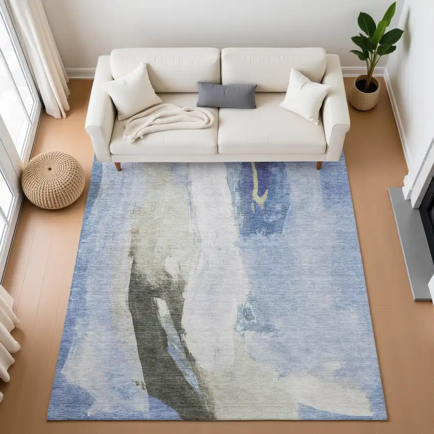 Denim Blue Gray And Ivory Abstract Washable Area Rug With UV Protection Photo 5