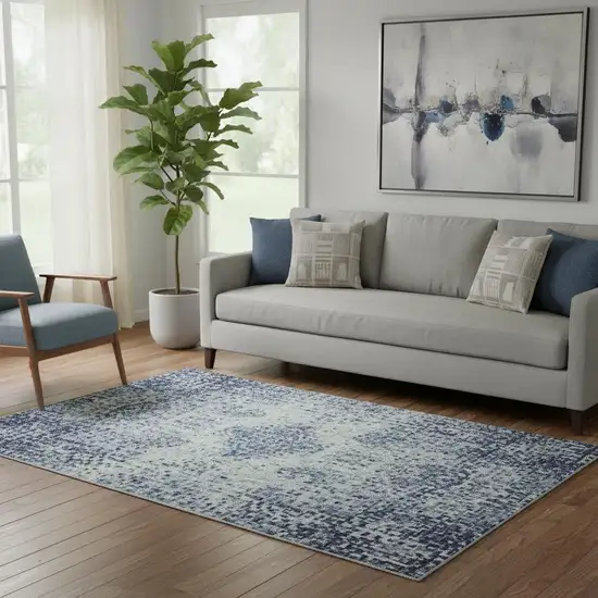 Denim Blue Gray And Ivory Abstract Washable Area Rug With UV Protection Photo 2