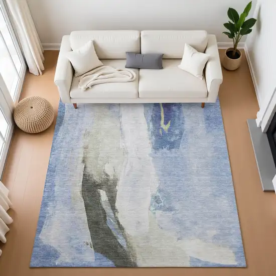 Denim Blue Gray And Ivory Abstract Washable Area Rug With UV Protection Photo 5