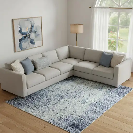 Denim Blue Gray And Ivory Abstract Washable Area Rug With UV Protection Photo 2