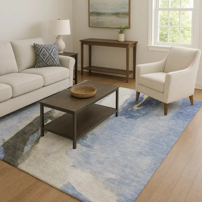 Denim Blue Gray And Ivory Abstract Washable Area Rug With UV Protection Photo 6