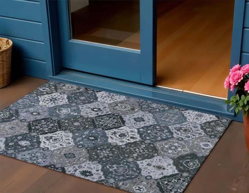 Denim Blue Gray And Ivory Floral Medallion Washable Indoor Outdoor Area Rug Photo 1