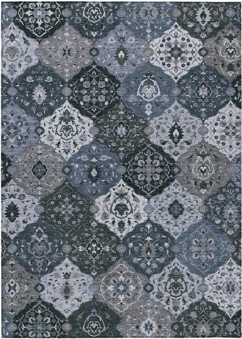 Denim Blue Gray And Ivory Floral Medallion Washable Indoor Outdoor Area Rug Photo 2
