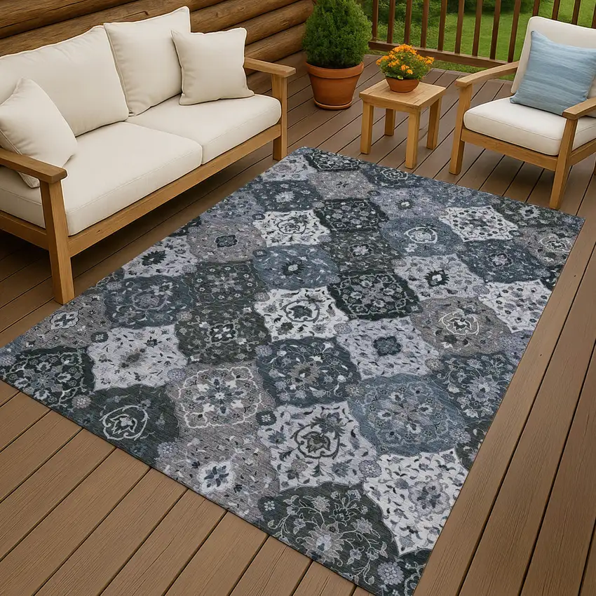 Denim Blue Gray And Ivory Floral Medallion Washable Indoor Outdoor Area Rug Photo 9