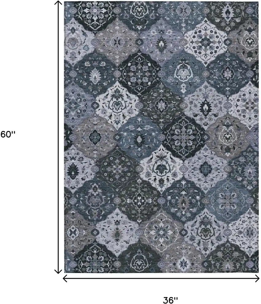 Denim Blue Gray And Ivory Floral Medallion Washable Indoor Outdoor Area Rug Photo 3
